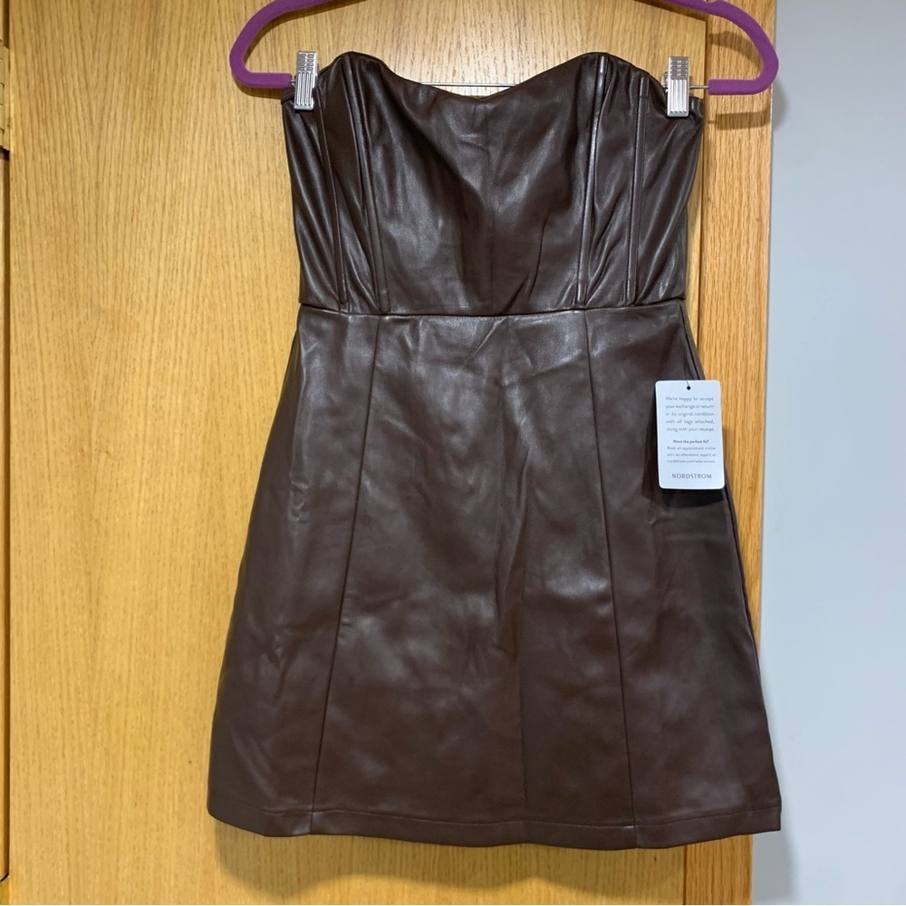 Astr The Label Brown Carmen Faux Leather Strapless Mini Dress - Size Small
